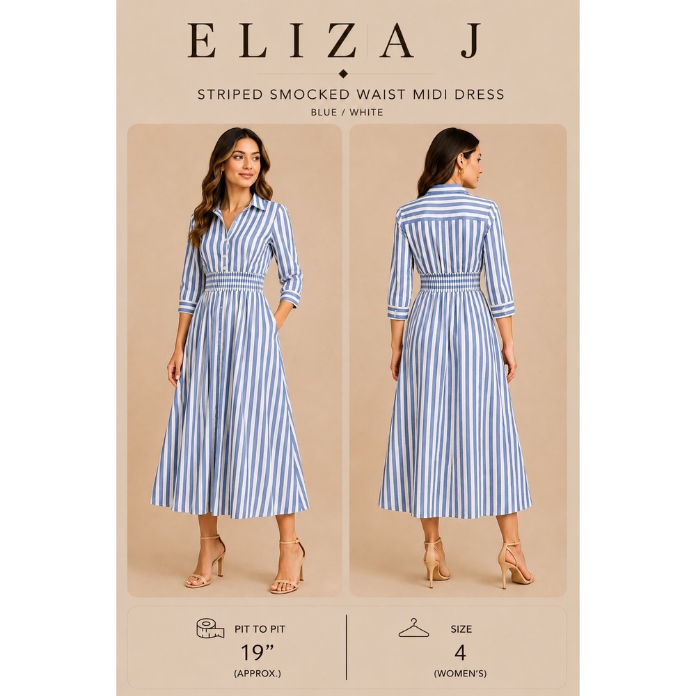 eliza j blue and white striped dress | Dresses | Eliza J Smocked Waist Shirt Midi Size 4 Long Sleeve blend poplin in a